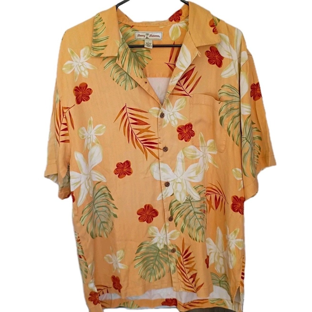 Tommy Bahama Mens Large 100% Silk Orange Tropical Floral Herringbone Shirt L